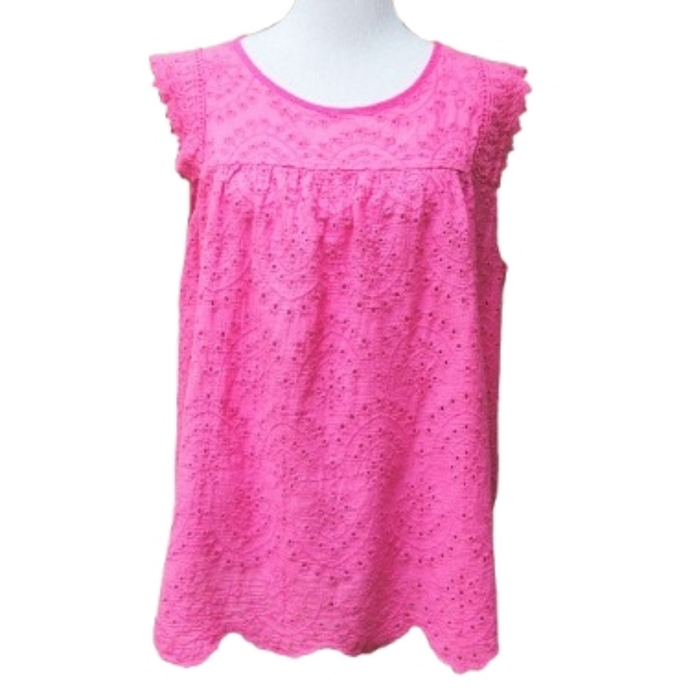 SHEIN Plus Pink Mixed Media Blouse Eyelet Print Crochet Lace Cap Sleeves